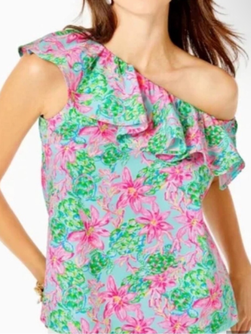 Lilly Pulitzer Surf Blue So Shellegant Zelder One Shoulder Ruffle Top - Picture 2 of 4
